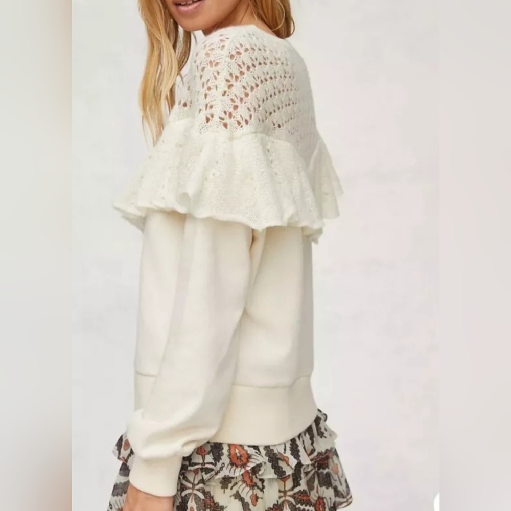 Anthropologie Size X-Large Cream Poetcore Open Knit Crochet Ruffled Bib Sweater